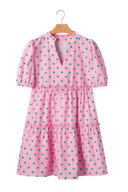 Pink Polka Dot Print V Neck Short Sleeve Tiered Mini Dress
