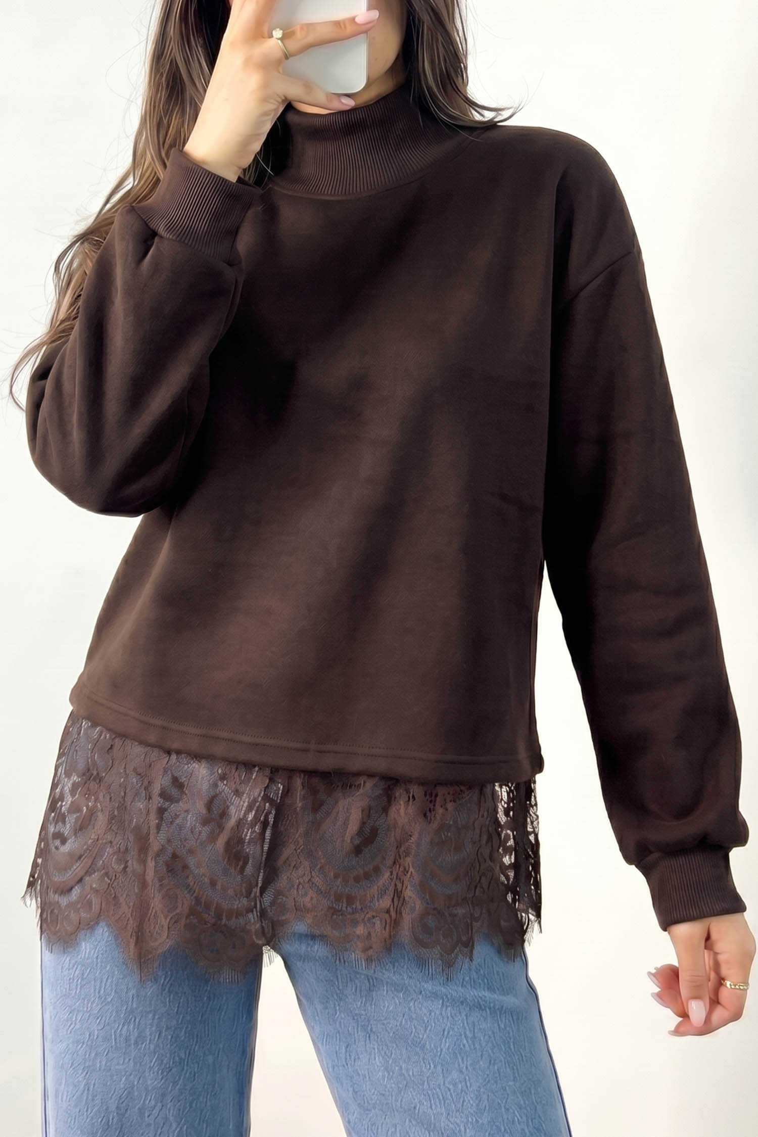 Coffee Solid Color High Neck Lace Splicing Hem Pullover Sweatshirt