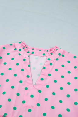 Pink Polka Dot Print V Neck Short Sleeve Tiered Mini Dress