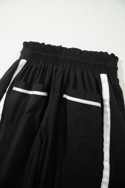 Black Contrast Striped Smocked Waist Drawstring Cropped Casual Pants