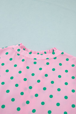 Pink Polka Dot Print V Neck Short Sleeve Tiered Mini Dress