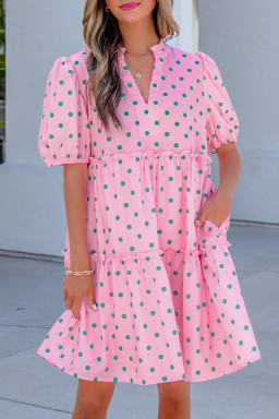 Pink Polka Dot Print V Neck Short Sleeve Tiered Mini Dress
