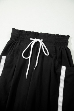 Black Contrast Striped Smocked Waist Drawstring Cropped Casual Pants