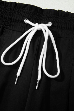 Black Contrast Striped Smocked Waist Drawstring Cropped Casual Pants