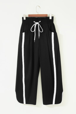 Black Contrast Striped Smocked Waist Drawstring Cropped Casual Pants