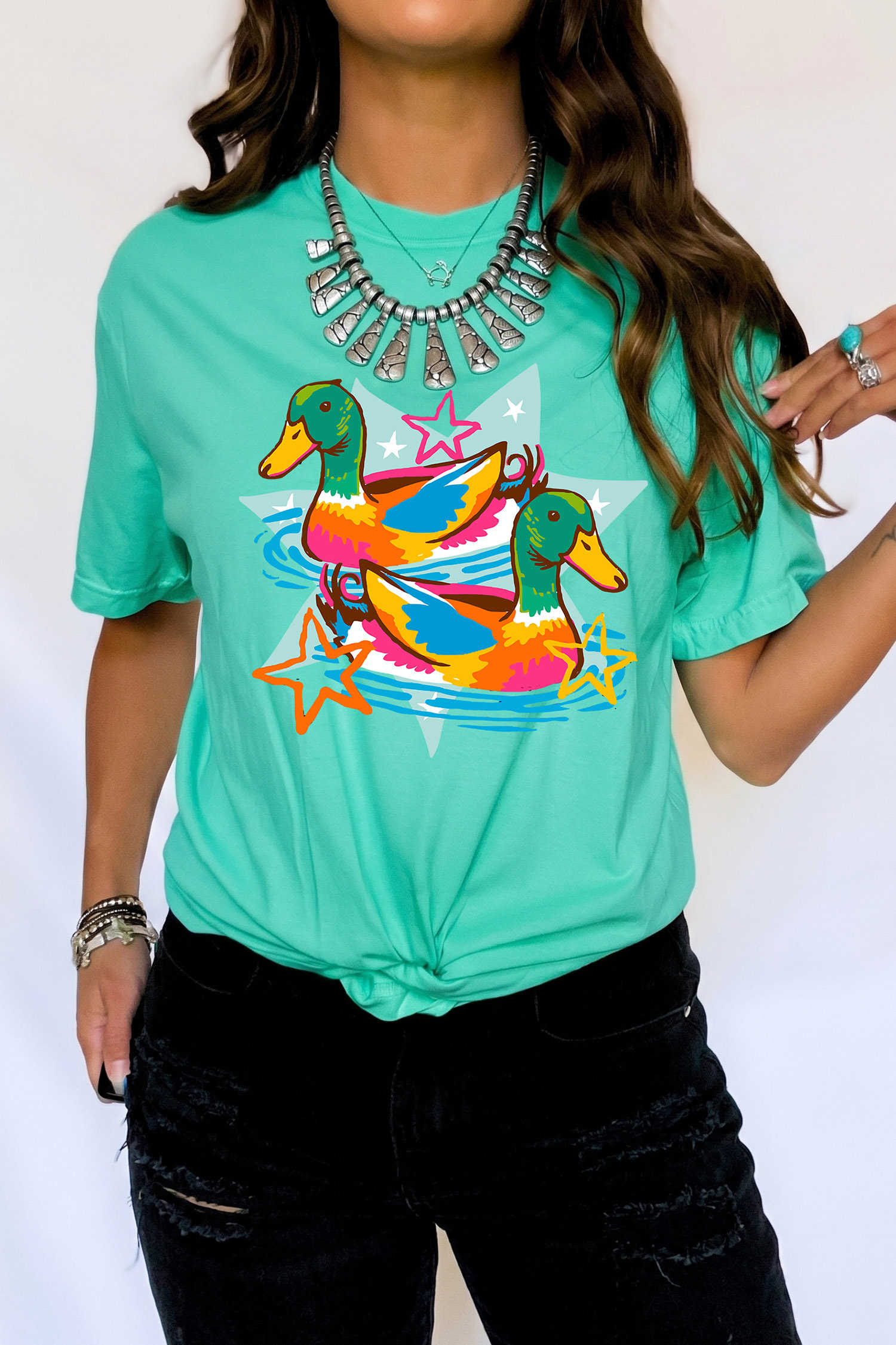 Mint Green Western Duck Graphic Casual Summer T Shirt