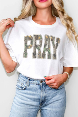 White PRAY Camo Letter Print Casual Round Neck T Shirt