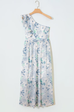 Sky Blue Floral Print Ruffled One Shoulder Vacation Maxi Dress