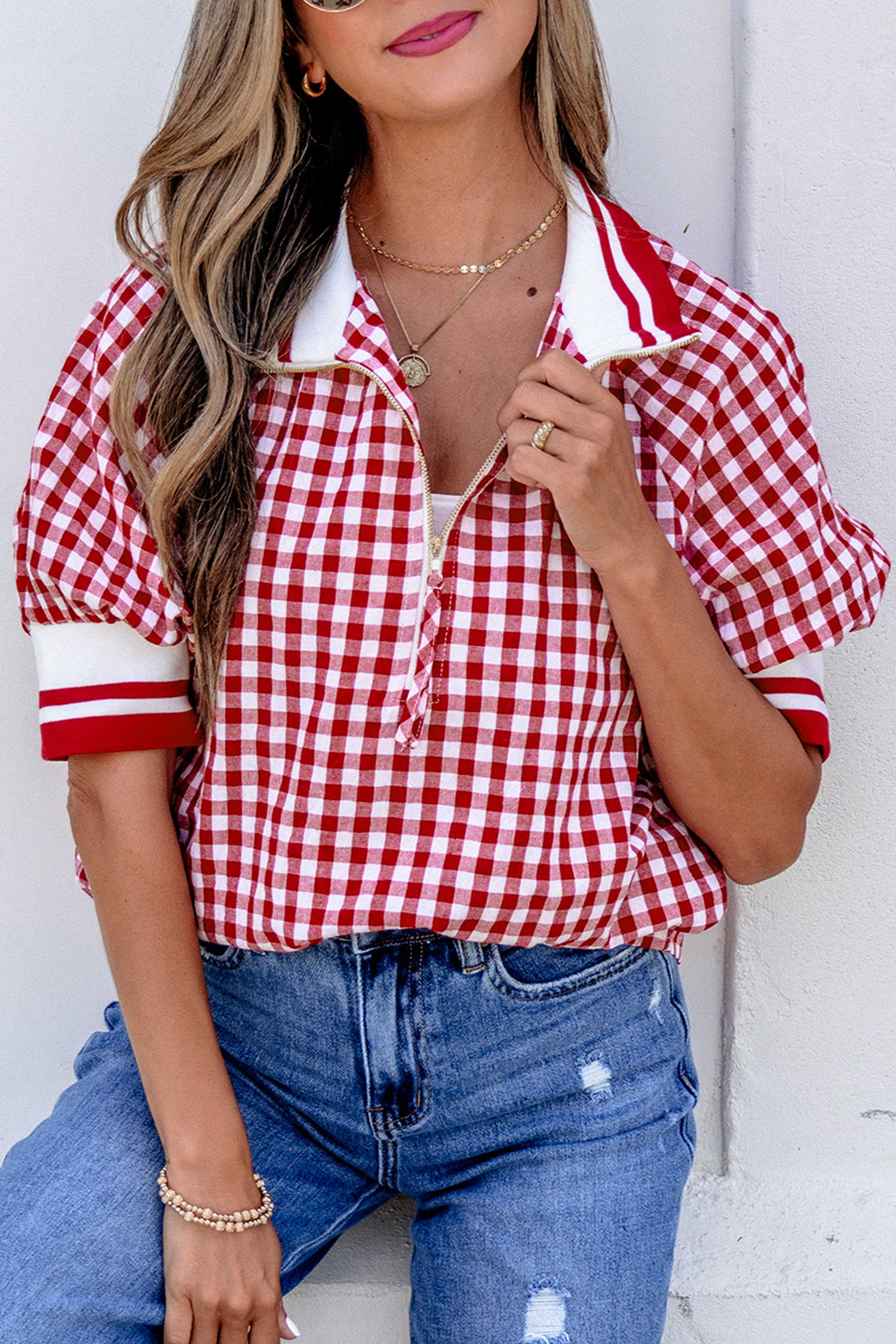 Red Gingham Striped Patchwork Half Zip Blouse
