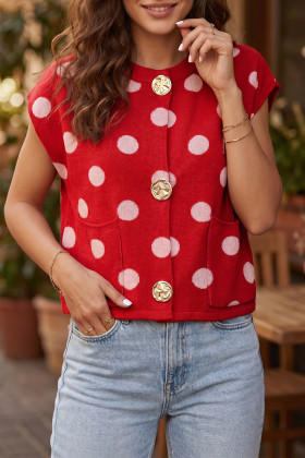 Red Polka Dot Sleeveless Knit Button Drop Shoulder Sweater Vest