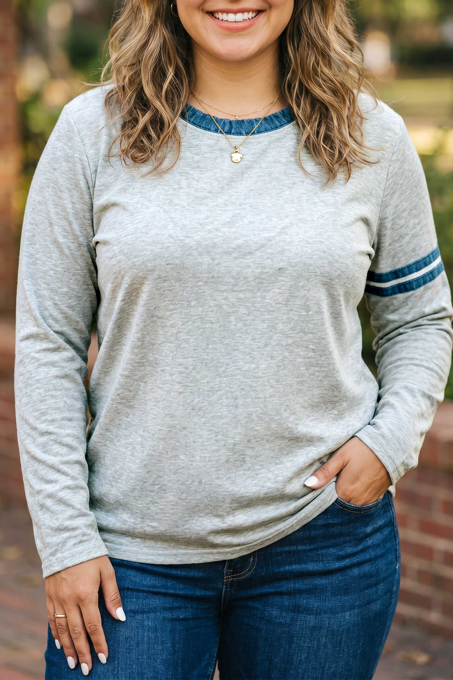 Gray Plus Size Colorblock Detail Round Neck Long Sleeve Top