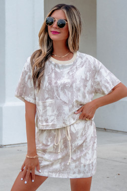 Gray Woodland Camo Print Raw Edge Cropped Top 2pcs Skort Set