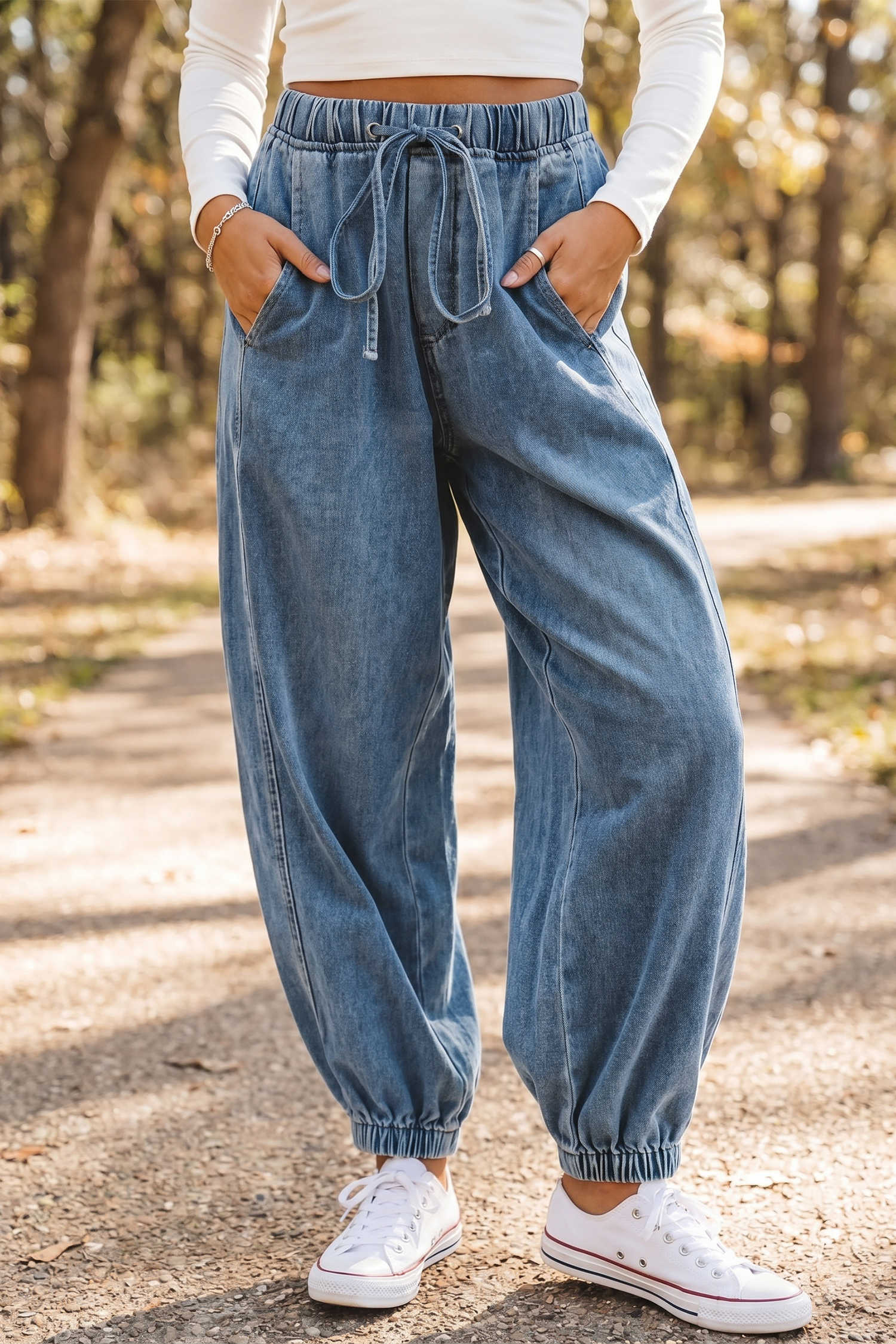 Dusk Blue Elastic Waist Harem Ankle Length Jeans