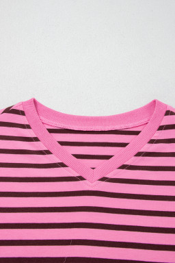 Pink Stripe V Neck Drop Shoulder Long Sleeve Top