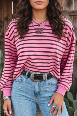 Pink Stripe V Neck Drop Shoulder Long Sleeve Top