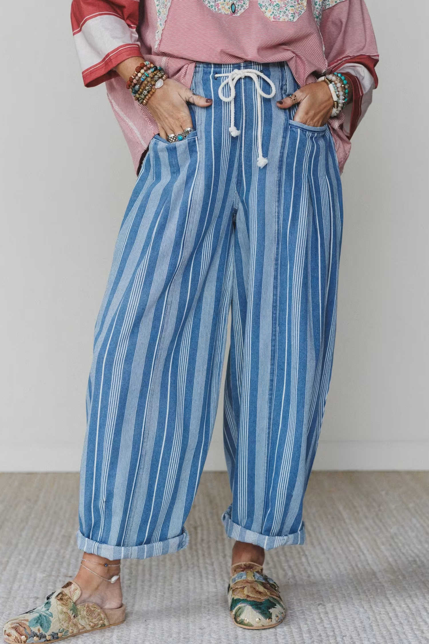 Sky Blue Stripe High Waist Wide Leg Lace Up Barrel Jeans