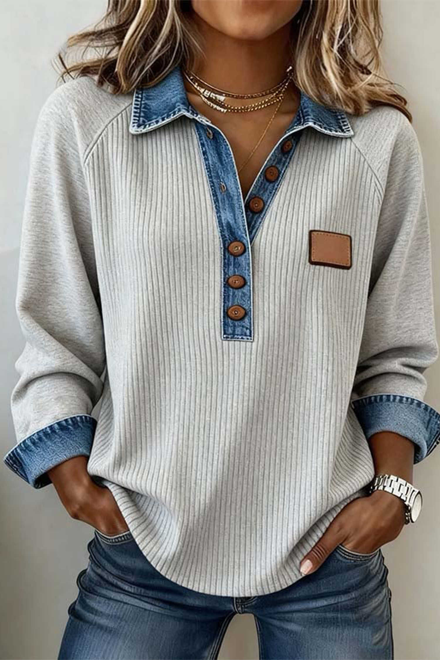 Light Grey Ribbed Denim Colorblock Detail Button Collar Long Sleeve Top