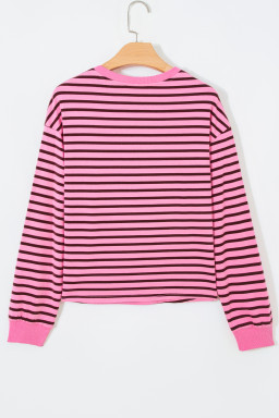 Pink Stripe V Neck Drop Shoulder Long Sleeve Top