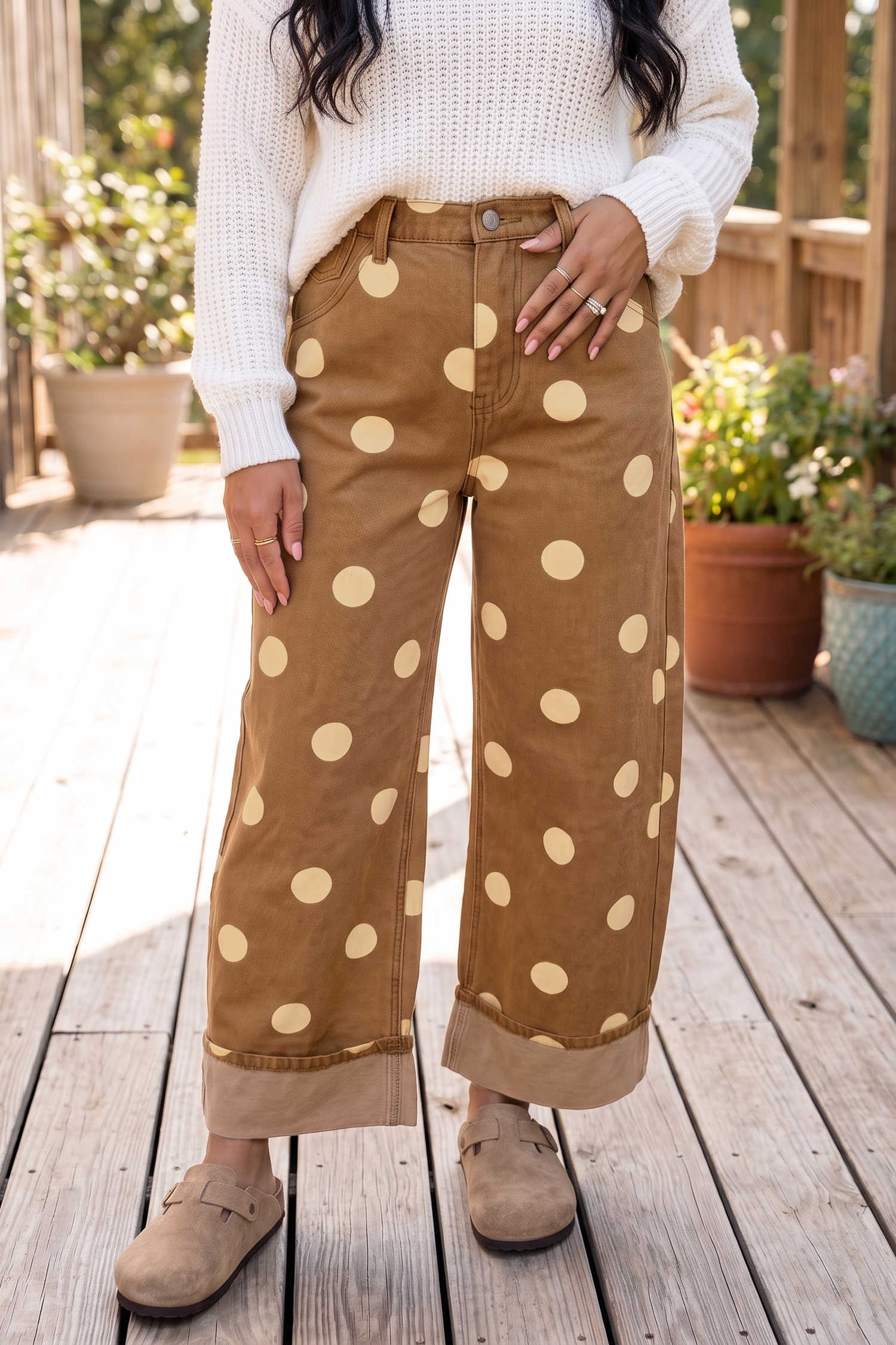 Brown Polka Dot Ankle-Length Metal Button Casual Jeans