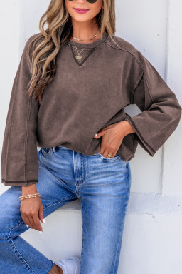 Dark Brown 3/4 Sleeve Mineral Wash Loose Cotton Top