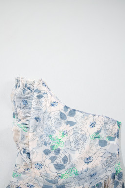 Sky Blue Floral Print Ruffled One Shoulder Vacation Maxi Dress