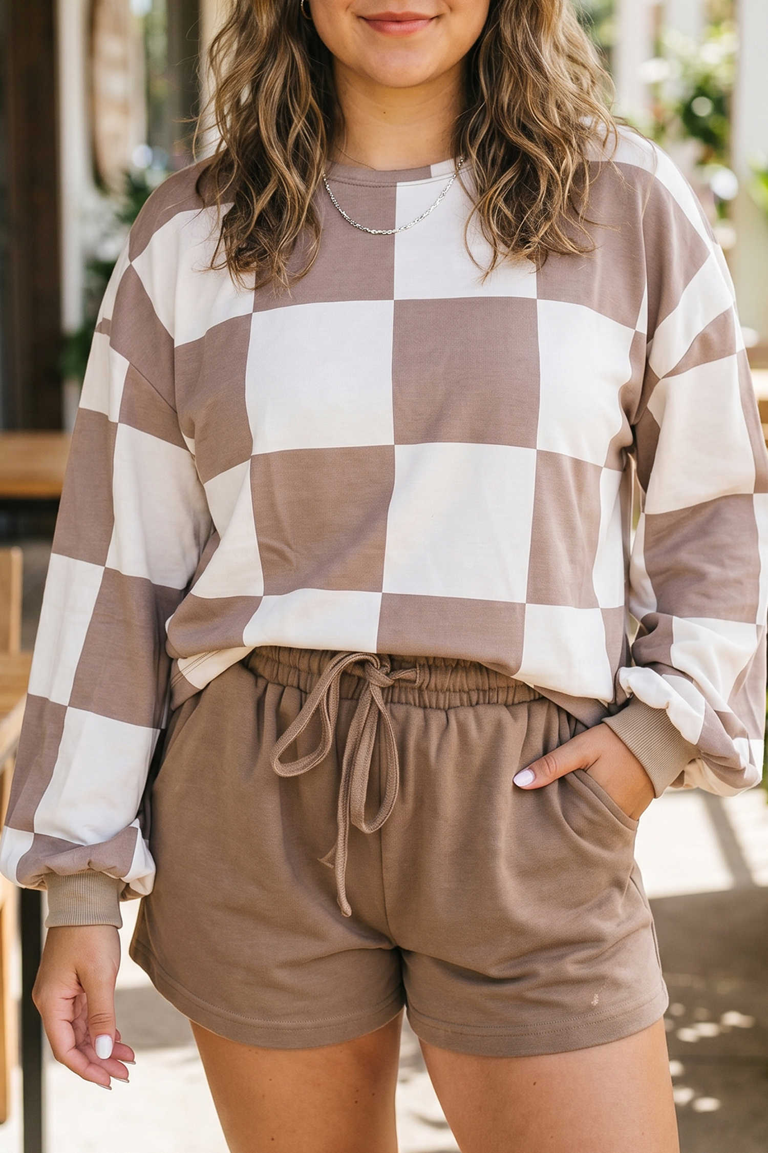 Khaki Plaid Patchwork Colorblock Shift Round Neck Two-Piece Plus Size Set
