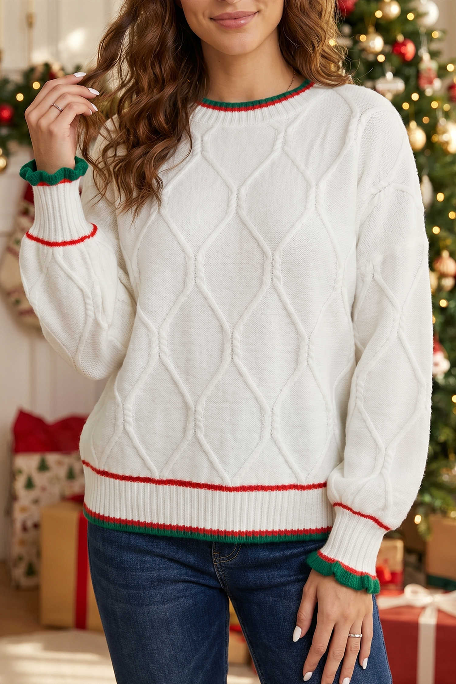 White Rhombus Textured Knit Festive Trim Pullover Sweater