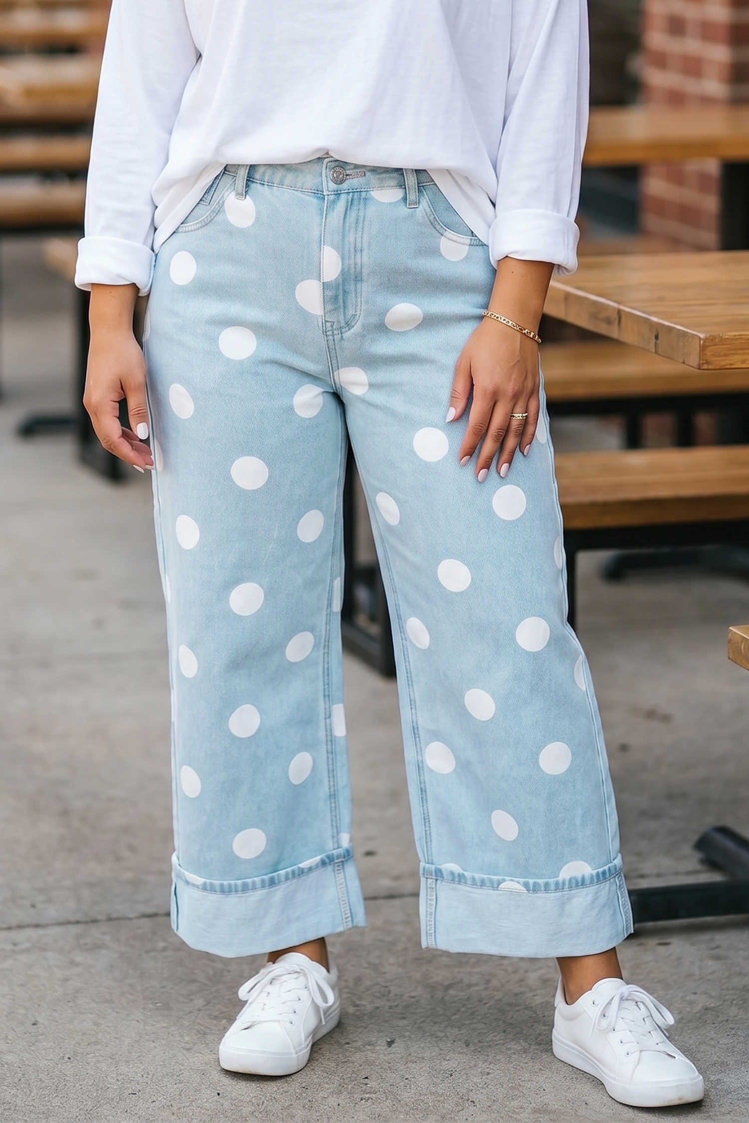 Sky Blue Polka Dot Full Length Regular Fit Plus Size Jeans