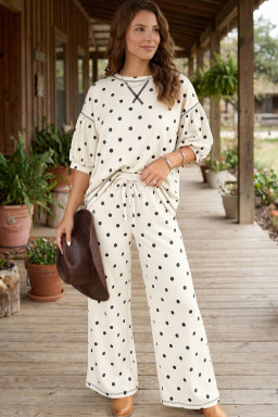Beige Polka Dot Half Sleeve Loose Top Elastic Waist Casual Pants Set