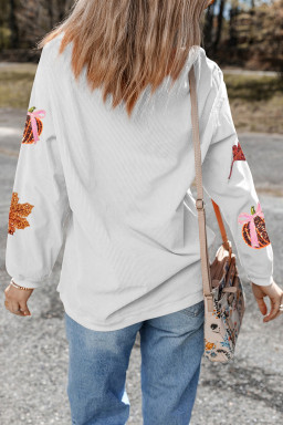 White Sequin Pumpkin Leaf Corded Ribbed Oversized Sweatshirt