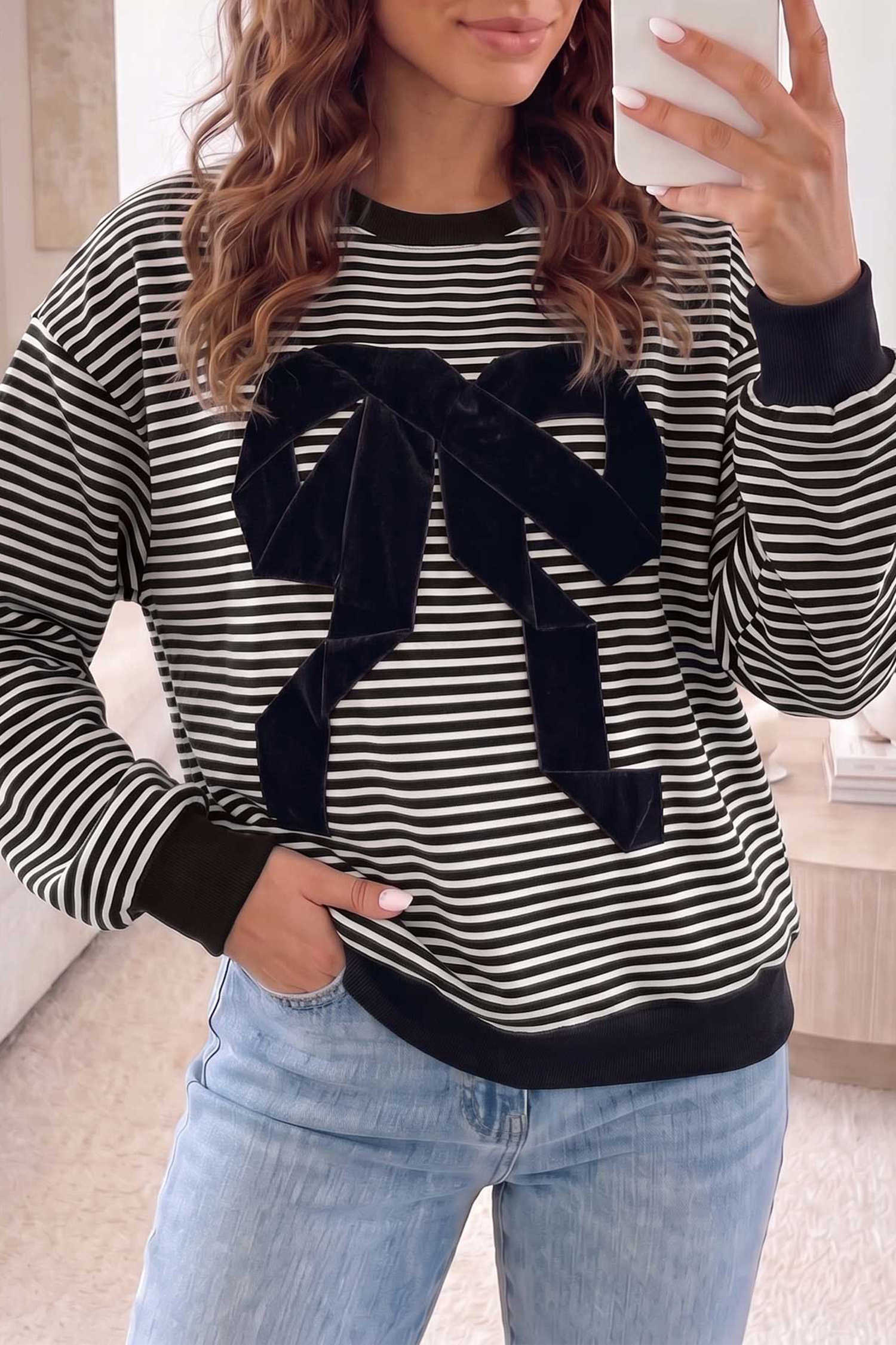 Black Stripe Velvet Bow Pattern Dropped Shoulder Loose Sweatshirt