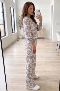 Multicolour Camouflage Print Long Sleeve Top Loose 2pcs Pants Set