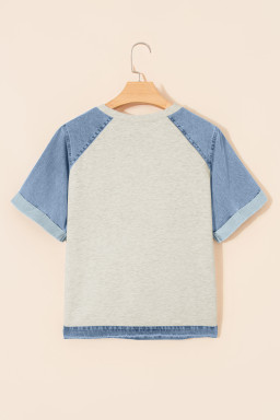Beige Denim Color Block Patchwork Round Neck Tee