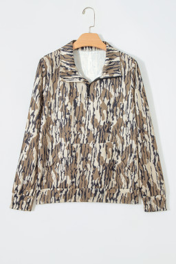 Brown Camouflage Zipper Collar Front Pocket Pullover Sweatshirt