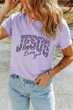 Orchid Petal Christian Floral Letter Graphic Round Neck T Shirt