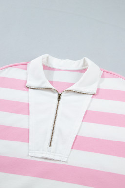 Pink Stripe Patchwork Zipper Pullover Elastic Waist Shorts 2pcs Set