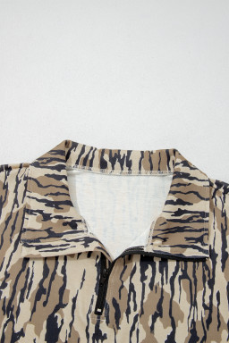 Brown Camouflage Zipper Collar Front Pocket Pullover Sweatshirt