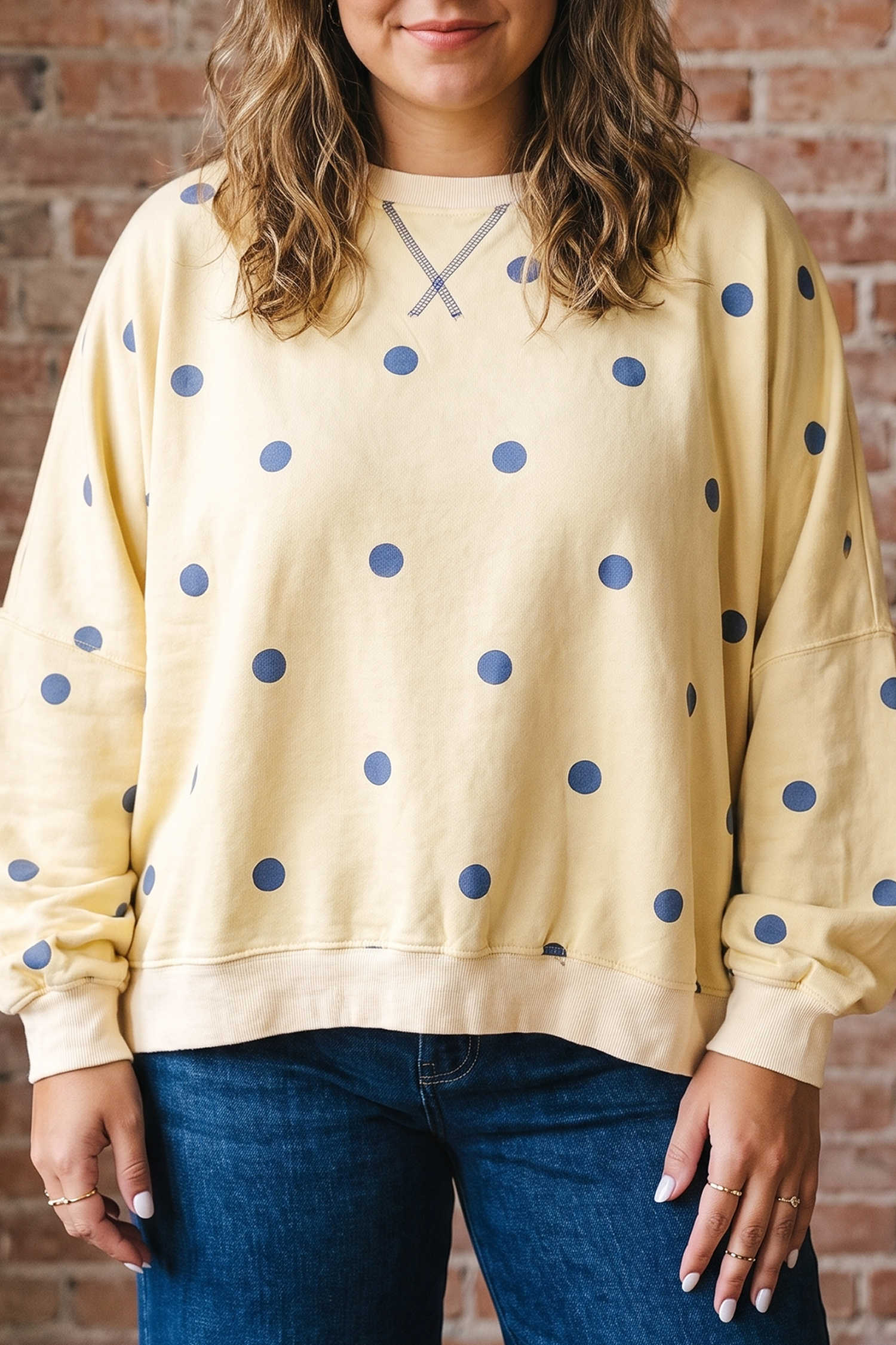 Yellow Round Neck Long Sleeve Polka Dot Plus Size Top
