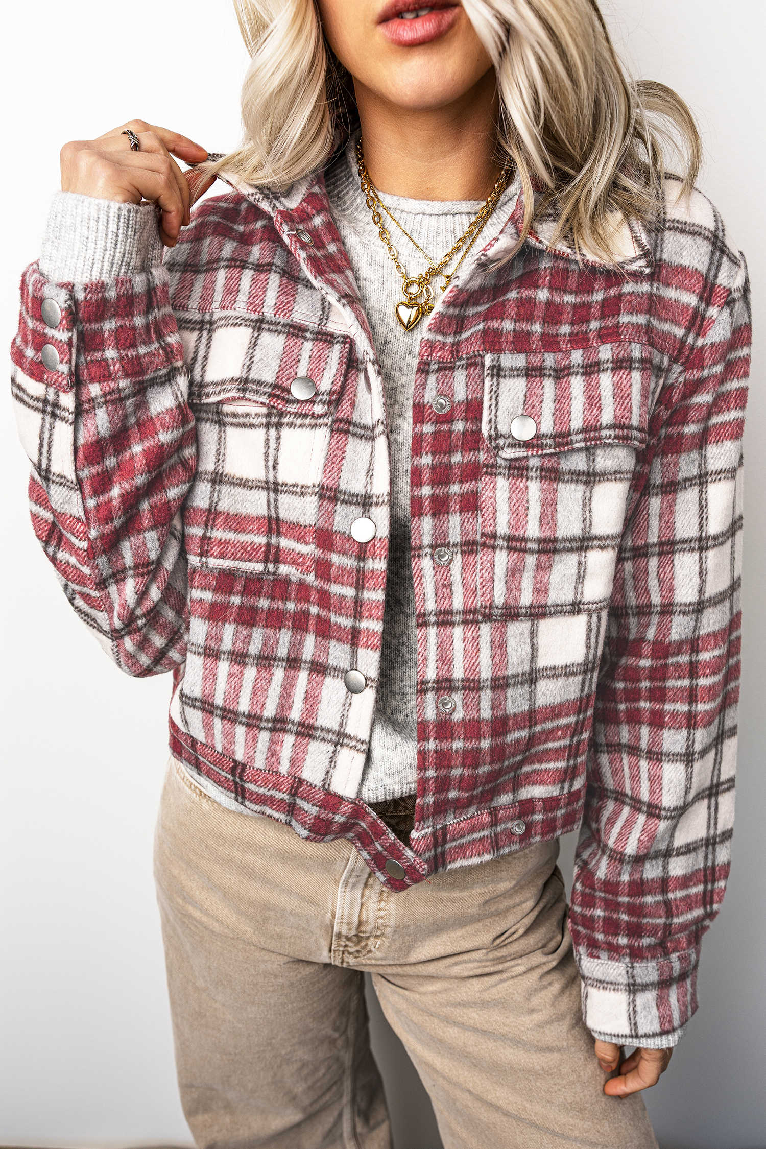 Red Plaid Flannel Metal Button Collar Long Sleeve Vintage Shift Jacket