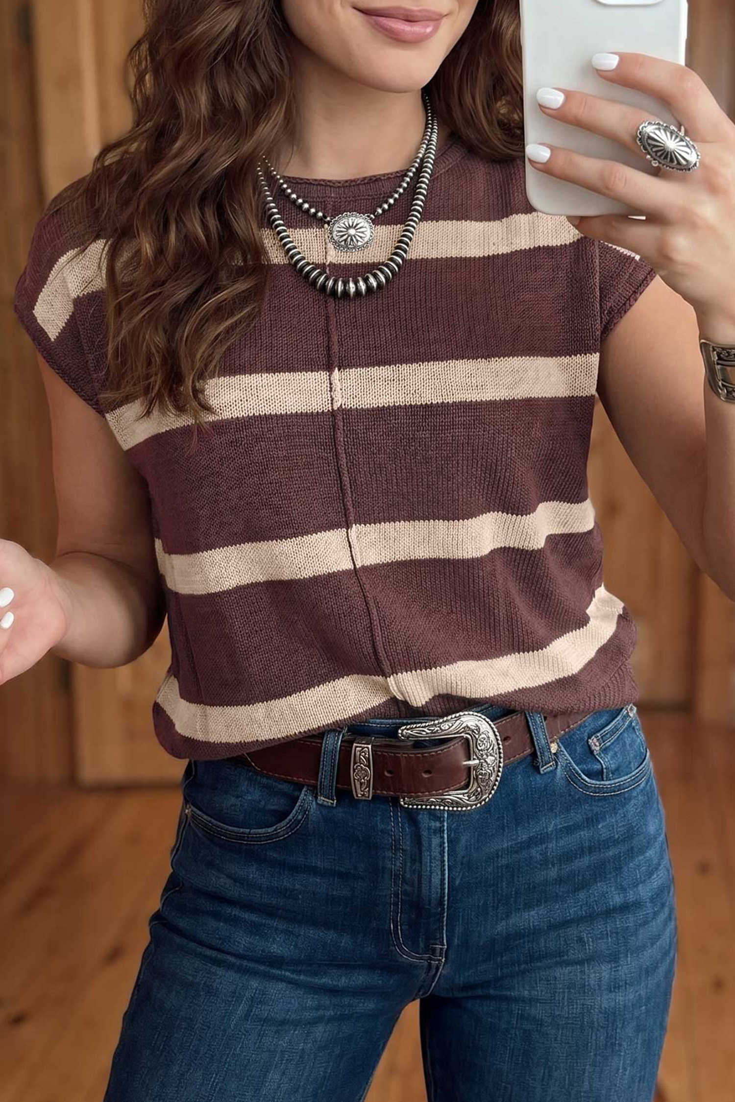 Brown Stripe Short Sleeve Sweaters