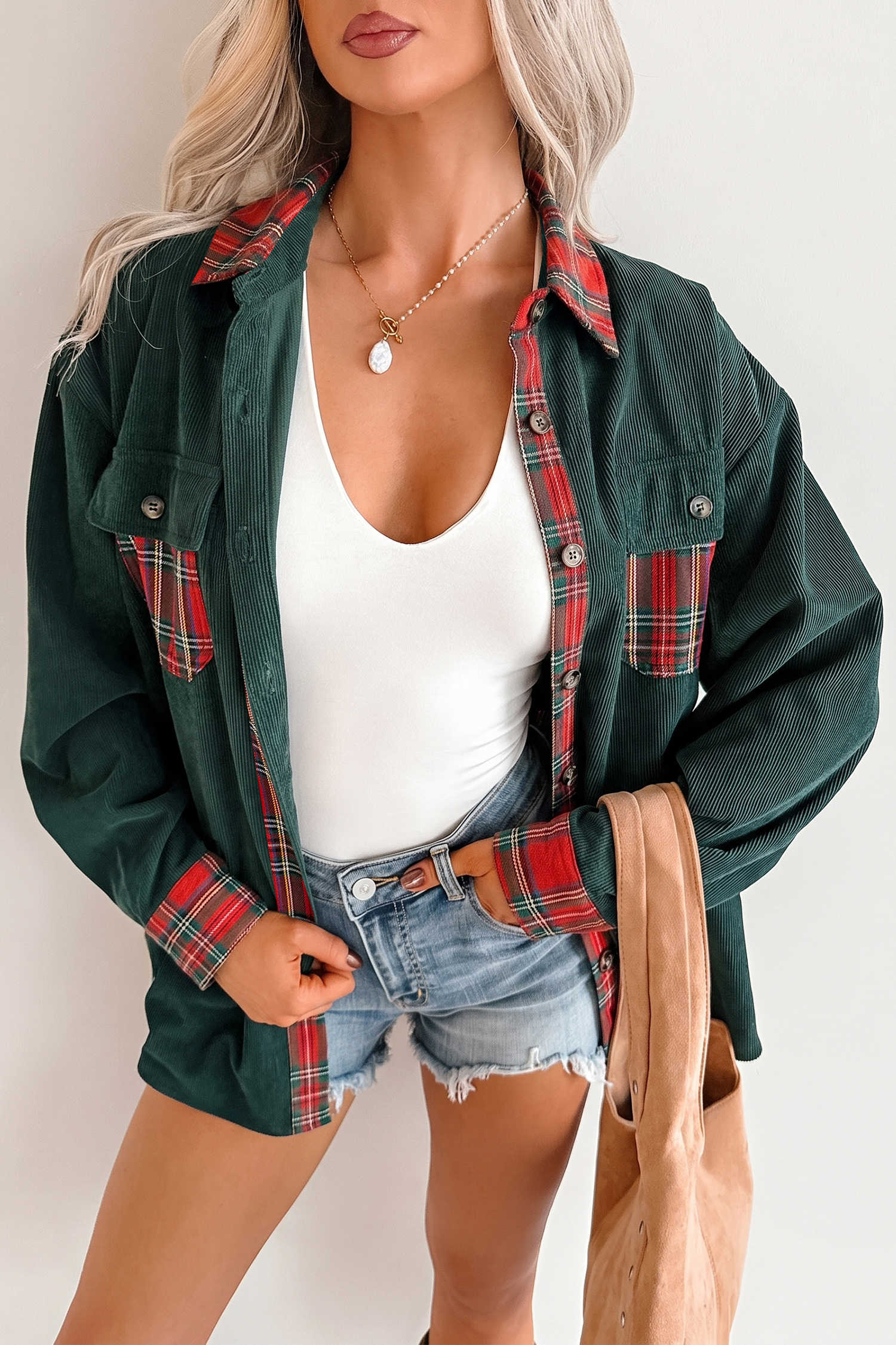 Blackish Green Plaid Pocket Button Long Sleeve Shift Shacket