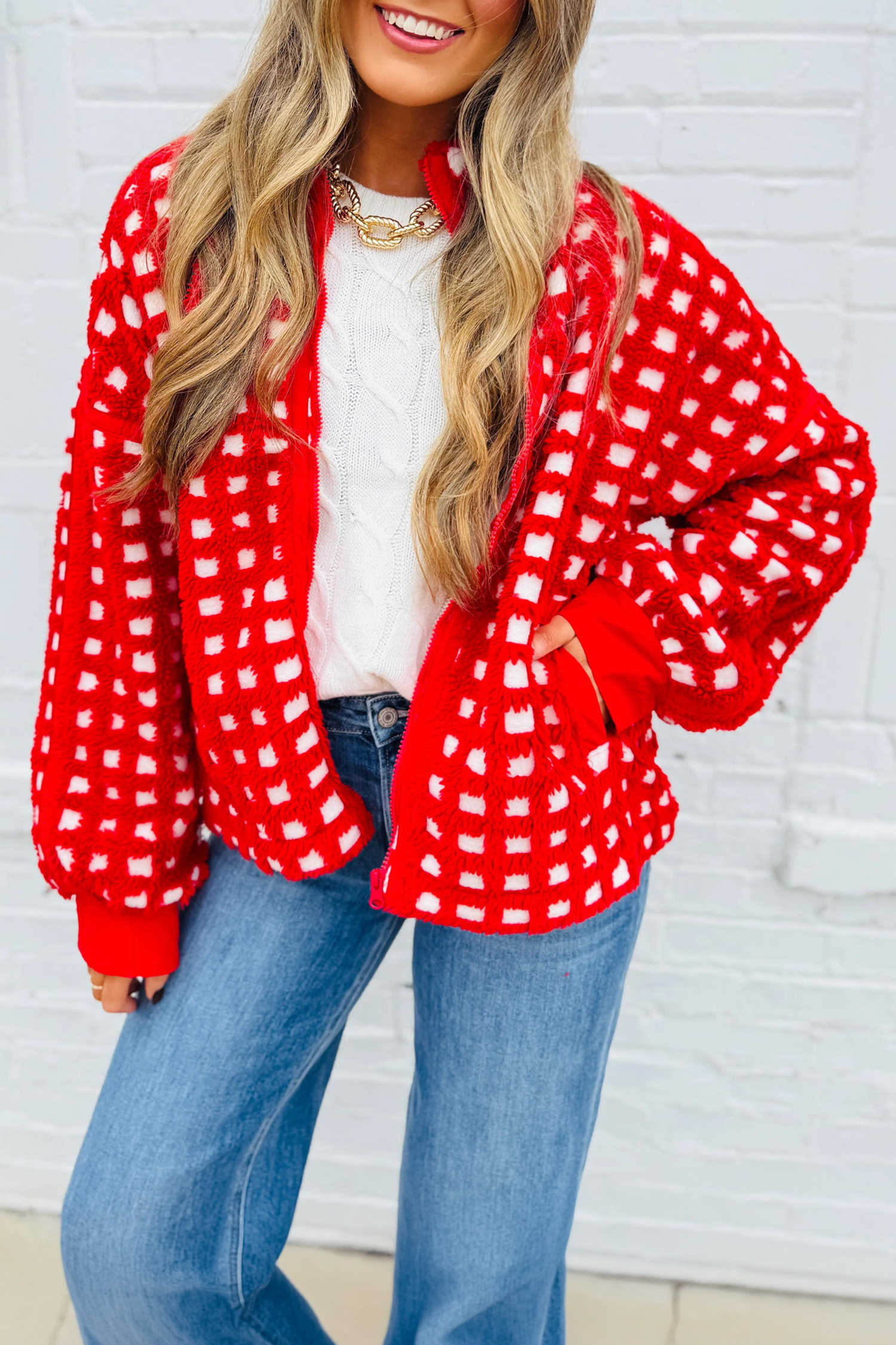 Fiery Red Plaid Zip-up Long Sleeve Jacket