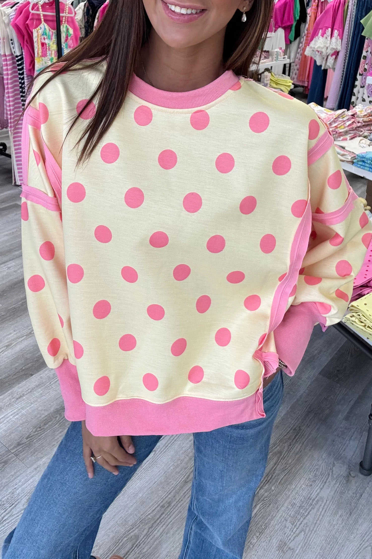 Yellow Polka Dot Contrast Patchwork Round Neck Baggy Sweatshirt