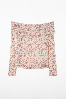 Brown Leopard Print Foldover Off Shoulder Long Sleeve Mesh Top