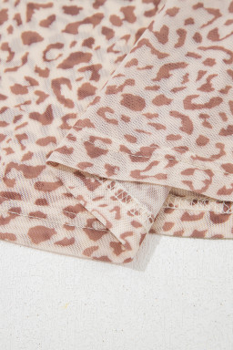 Brown Leopard Print Foldover Off Shoulder Long Sleeve Mesh Top