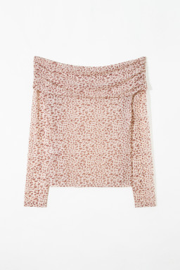 Brown Leopard Print Foldover Off Shoulder Long Sleeve Mesh Top