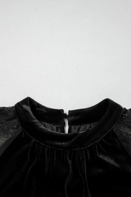 Color Black Solid Color Sheer Lace Long Sleeve Patchwork Stand Neck Velvet Blouse