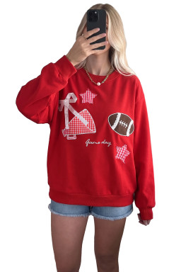 Racing Red Gingham Patch Embroidered Rugby Game Day Stars Sweatshirt