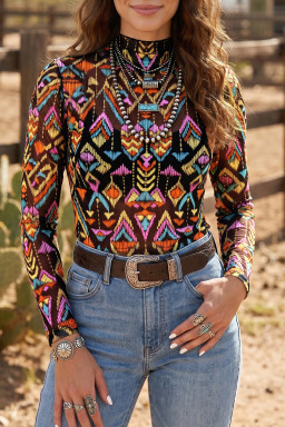 Color black Abstract Print Long Sleeve Stand Neck Mesh Top