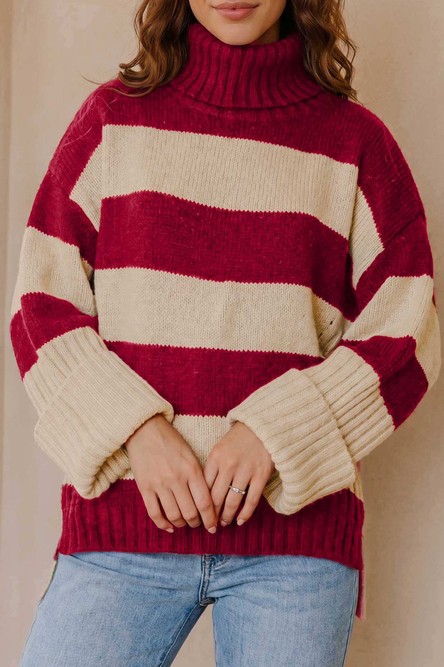 Red Stripe Ribbed Trim High Neck Relaxed Pullover Sweater